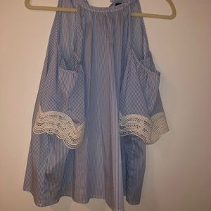 Ann Taylor shoulder-less blue and white top